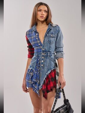 AKIRA Denim & Red Plaid Patch Shirt Jacket
